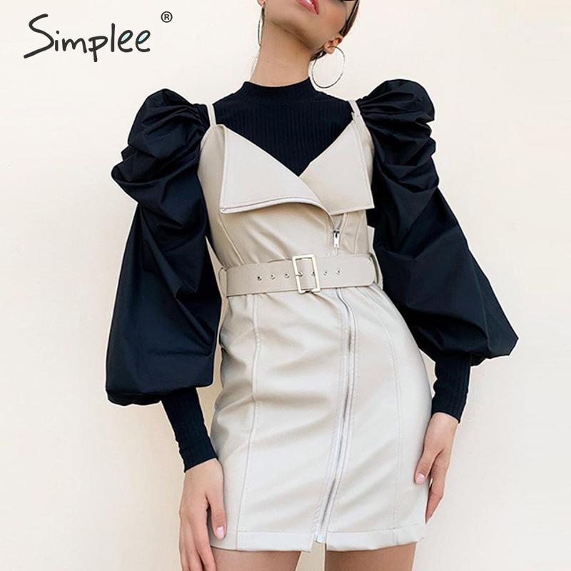 Simplee Puff sleeve patchwork women blouse shirt Chic long sleeve female knitted tops shirts Slim party club ladies blouses 210317