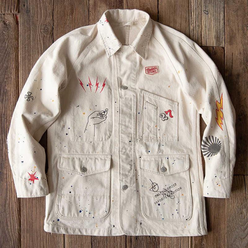 Grafiti Jackets For Men Print White Denim Pocket Jacket Vintage Casual Coat Cotton Solid Slim Jackets Tops 210821