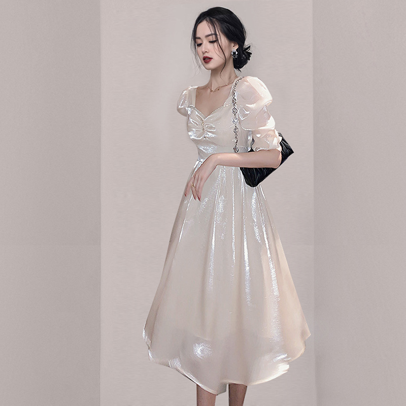 Summer Women Fairy Dresses Retro French Elegant Office Lady V-Neck Puff Sleeve Slim Waist Midi Dress Vestidos 210519