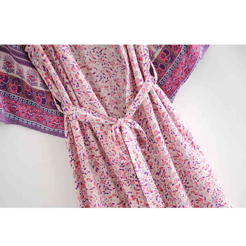 beauty Boho Vintage Print Cotton Long Kimono Women Holiday V-neck Ladies Dresses Female Loose Beach Wear 210514