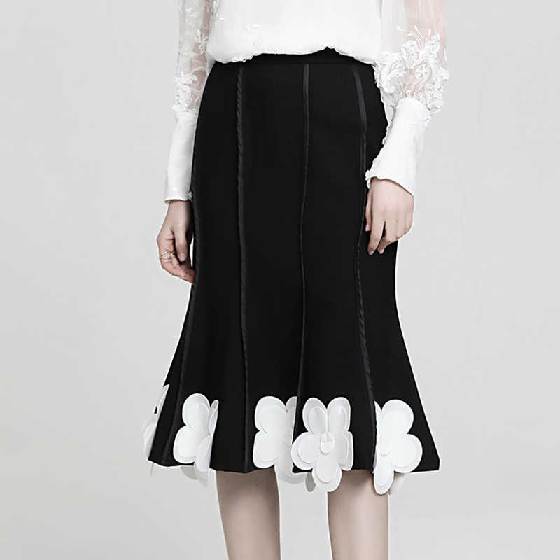 Hit Color Patchwork Appliques Skirt For Women High Waist Elegant Bodycon Pleated Midi Skirts Female Fashion Spring 210531