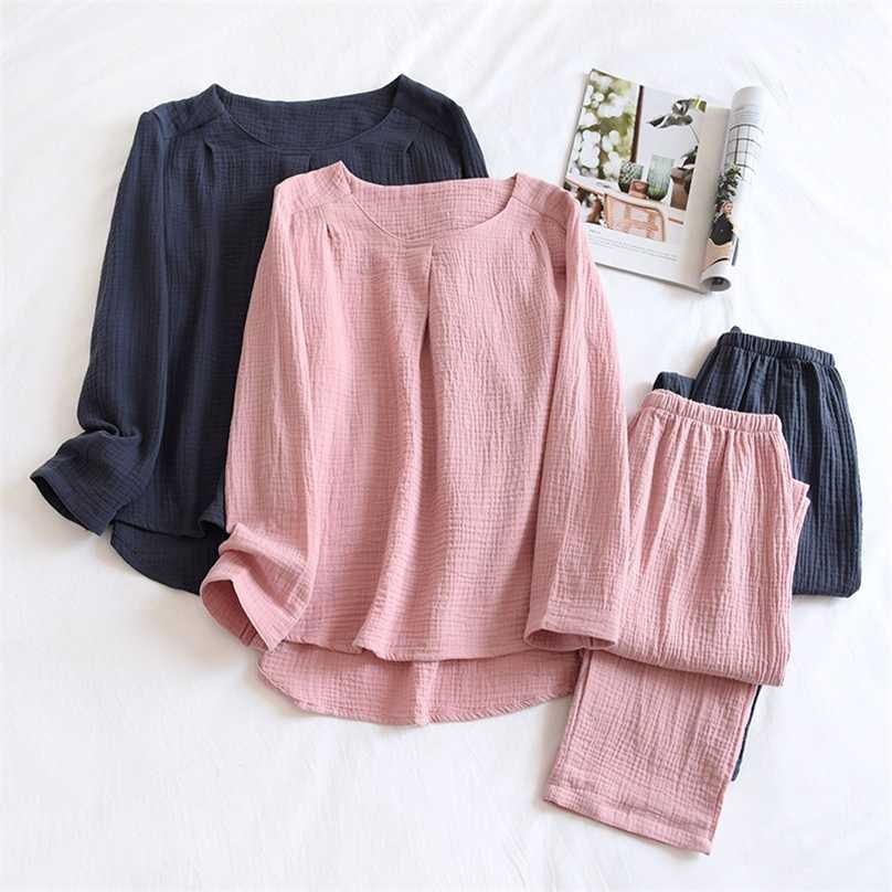 Japanese Simple Spring And Autumn Ladies Pajamas Two-piece Long-sleeved Trousers 100% Cotton Crepe Round Neck Home Service Set 211118