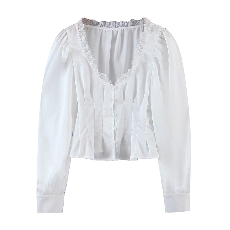 Retro Splice Lace Deep V neck Puff Sleeve Shirt French White color Single-breasted Ruched Slim Waist Short Women Blouse Tops 210429