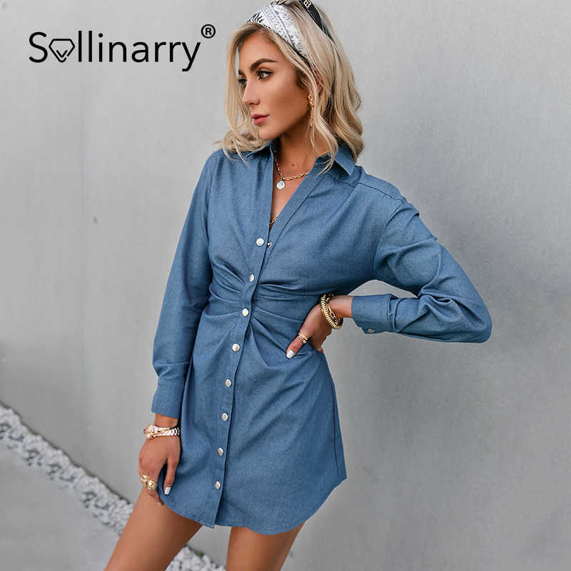 Sollinarry High street blue shirt dress women Long sleeve sheath summer dress Casual botton pleated solid midi dress streetwear 210709