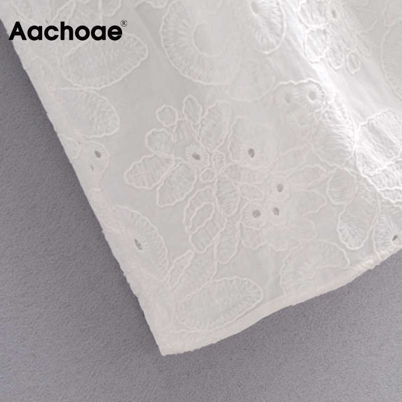 Aachoae Chic Floral Embroidery Midi Dress Women V Neck Puff Sleeve Sweet Dresses Ladies Elegant A Line White Cotton Dress 210630