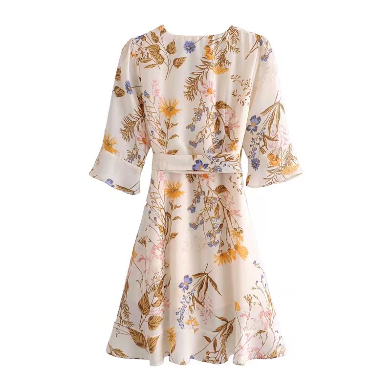 French Women Dress Half Sleeve Holiday Bow Tie Sashes Floral Print Short Party Dresses Slim fit Vestido 210429