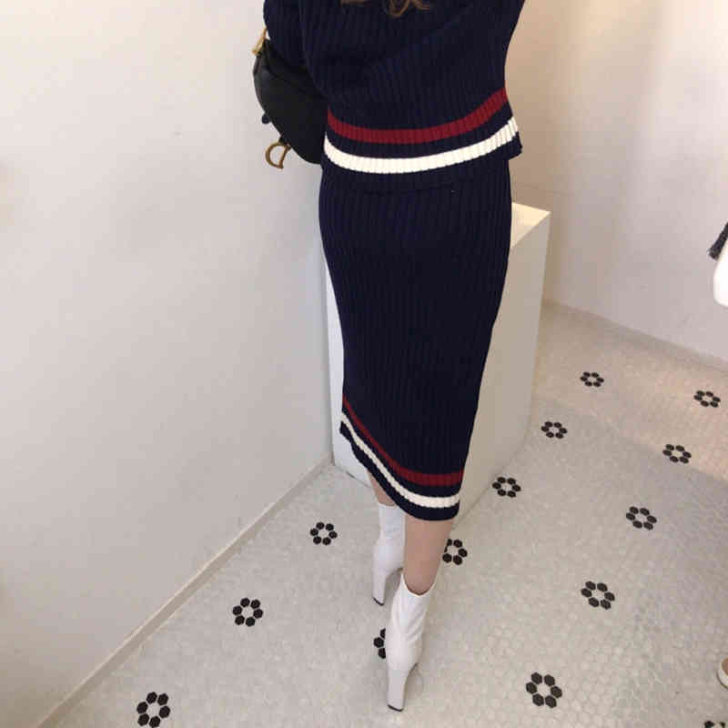 Two Piece Set Women Korean Autumn and Winter V-neck Bordered Contrast Color Knitted Sweater + High Waist Bodycon Skirt 210506