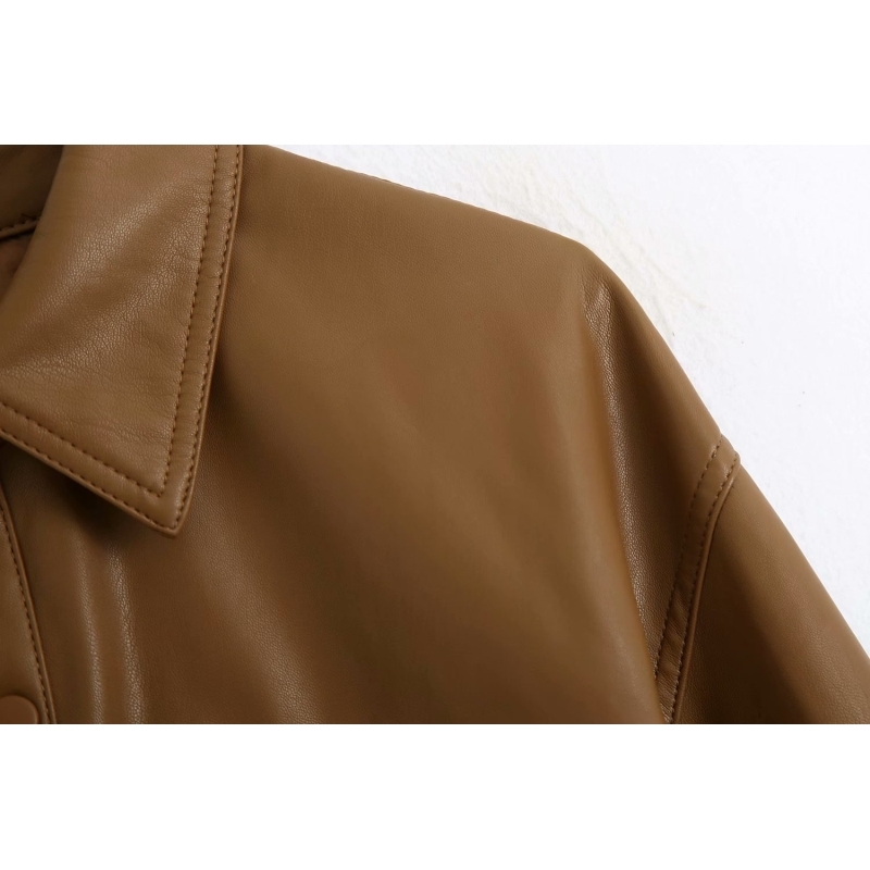 Long PU Leatehr Coats Autumn Fashion Pockets Ladies Casual Waist Belt Female Jacket Brown Girls Coat 210430