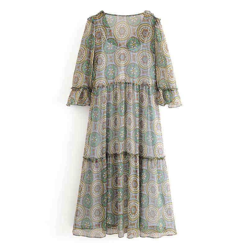 Vintage Floral Print Chiffon Long Dress Women V Neck Elegant Ruffle Party Three Quarter Sleeve Ladies Casual Midi es 210515