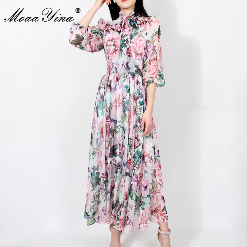 Fashion Runway Summer Floral Holiday Dress Women's Bow Tie 3/4 sleeve Printed Elegant Chiffon Vintage Party Midi 210524