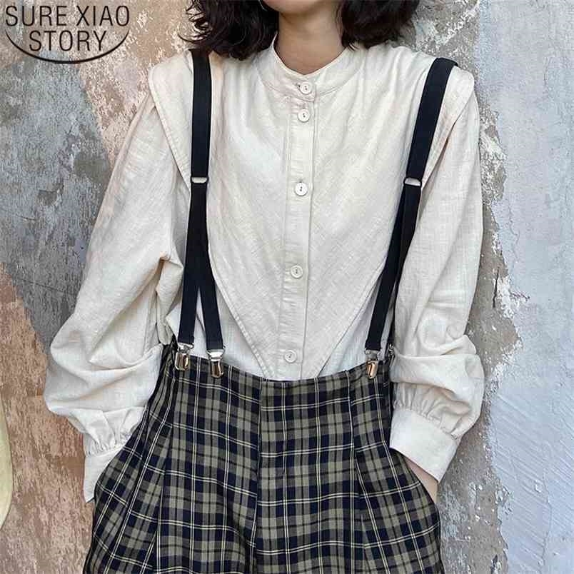 Vintage White Cotton Blouses and shirts Korean Chic Blouse Women Lantern Sleeve Autumn Casual linen Button Up ladies Shirt 12382 210506