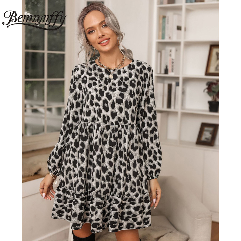 O-Neck Leopard Print Ruffle Hem Casual Dresses Fashion Spring Women Long Sleeve Loose Mini Dress Clothes Female 210510