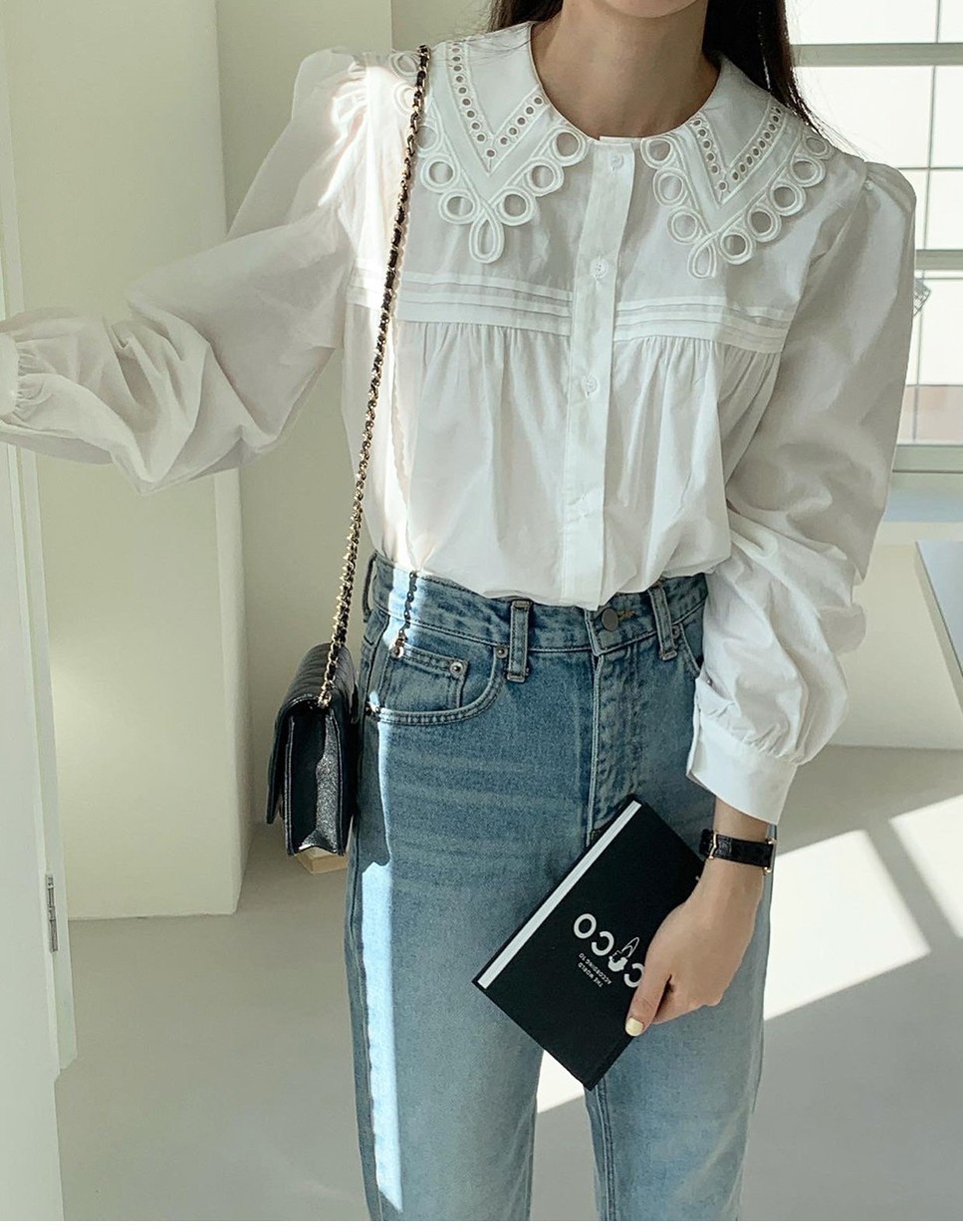 Spring Vintage Embroidery Turn Down Collar Elegant Blouse Women Single-Breasted Puff Long Sleeve Work OL Style Blusas Top 210519