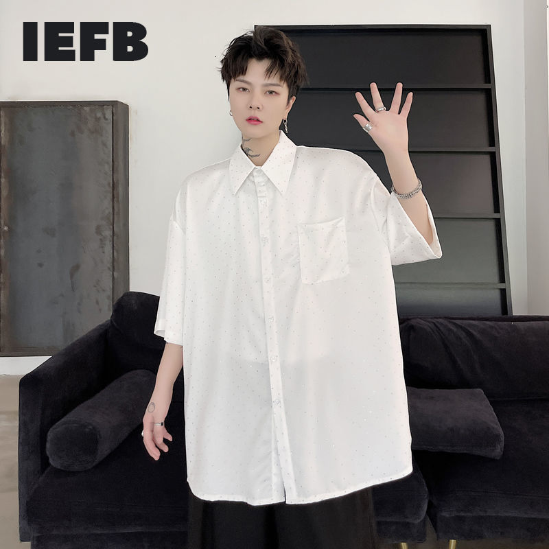 IEFB Summer fixrhinestone Loose Men's Short Sleeve Shirt Two Color Lapel Signle Breasted Loose Big Size Shirts 9Y7529 210524