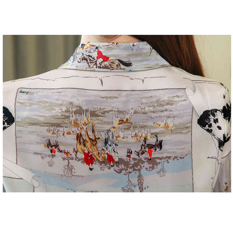 Spring Elegant Printing Long Sleeve Chiffon Blouse Satin Silk Turn-over Collar Women Shirt Tops Chemisier Femme 8193 50 210508