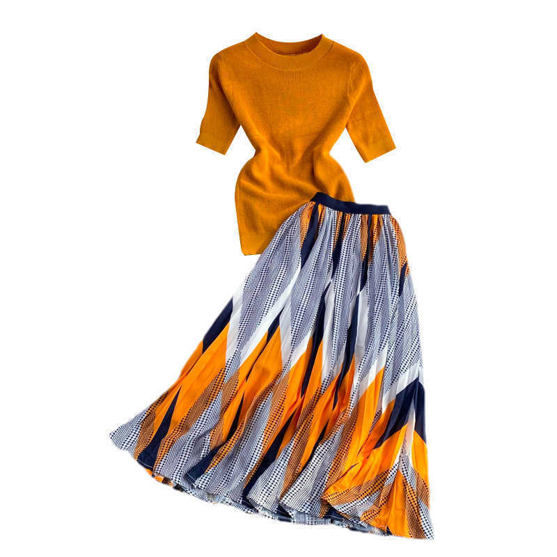 DEAT Women Round Neck T-shirt Skirt Arrivals Short Two Piece Set Temperament Fashion Spring Summer 11D1663 210709