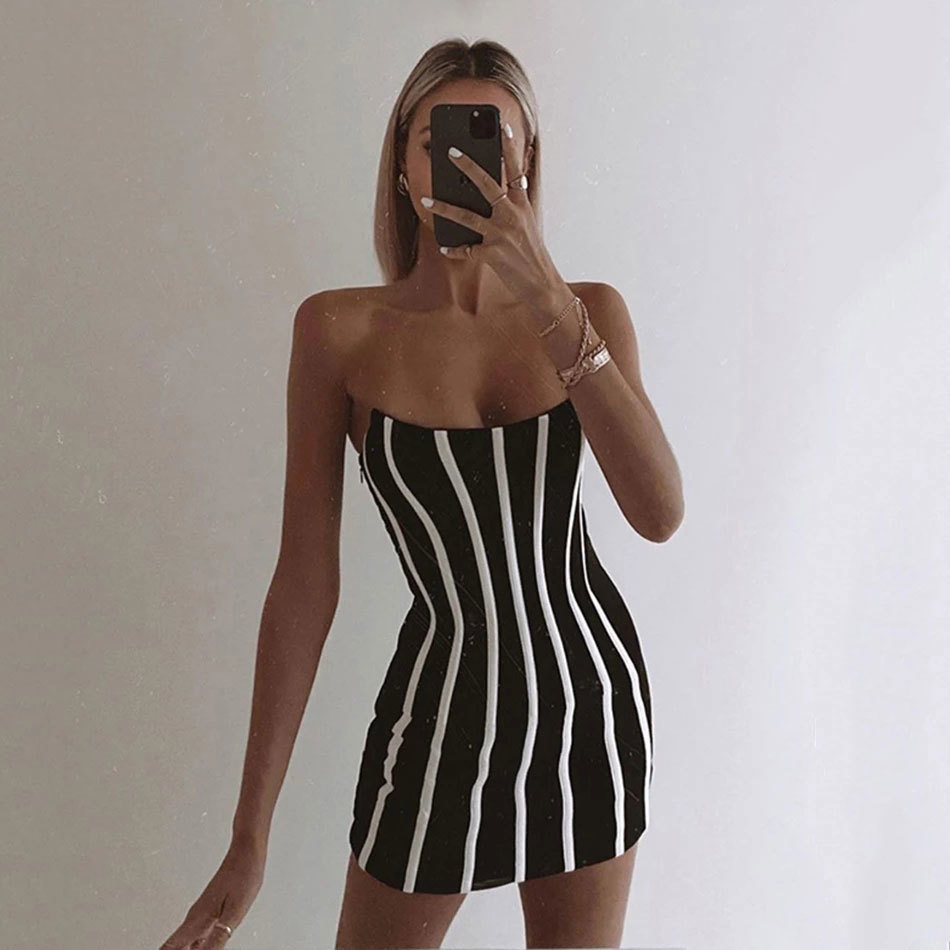 Free Strapless Striped Bandage Dress Vestidos Women's Sexy Sleeveless Backless Bodycon Mini Club Party 210524