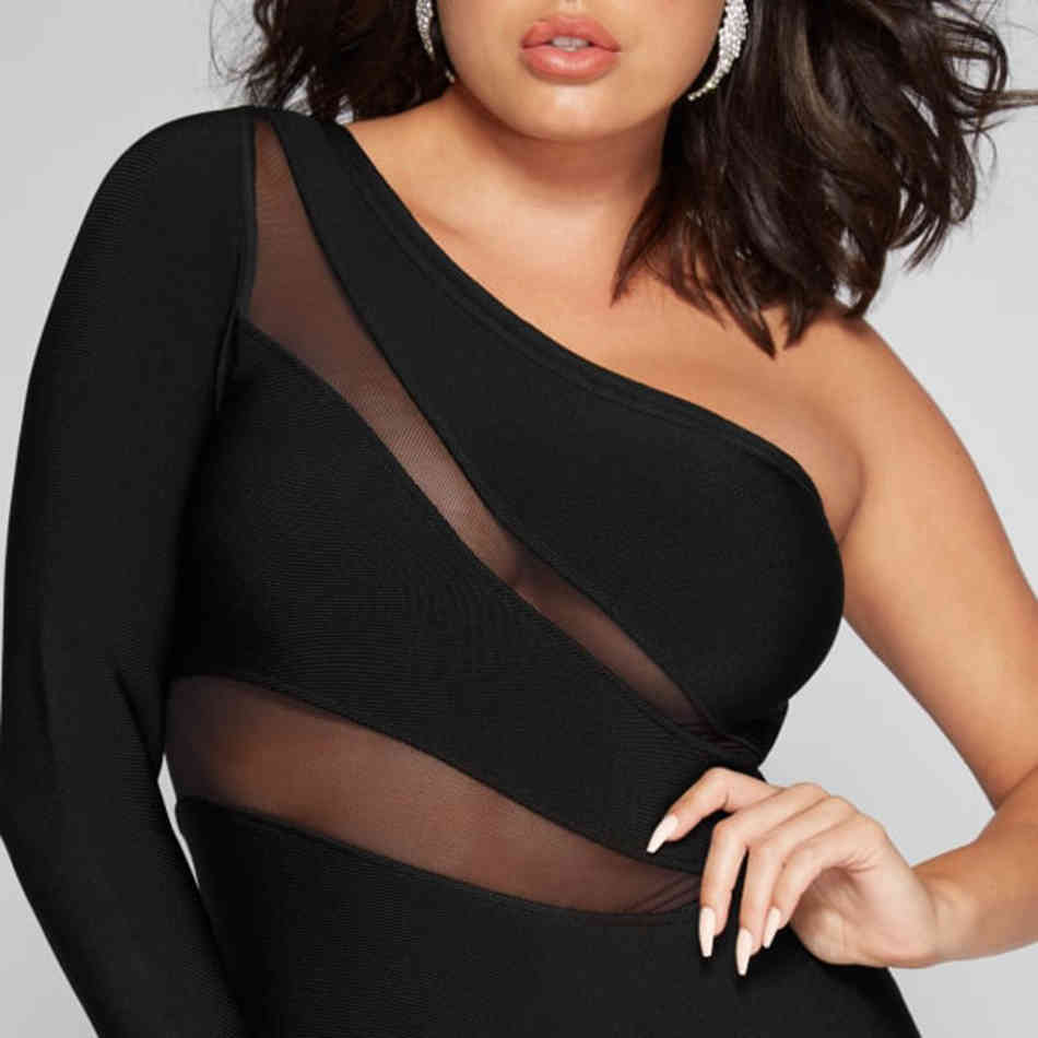 Free Women Sexy Bandage Dress Black One Shoulder Long Sleeve Mesh Bodycon Halter Club Party Vestidos 210524
