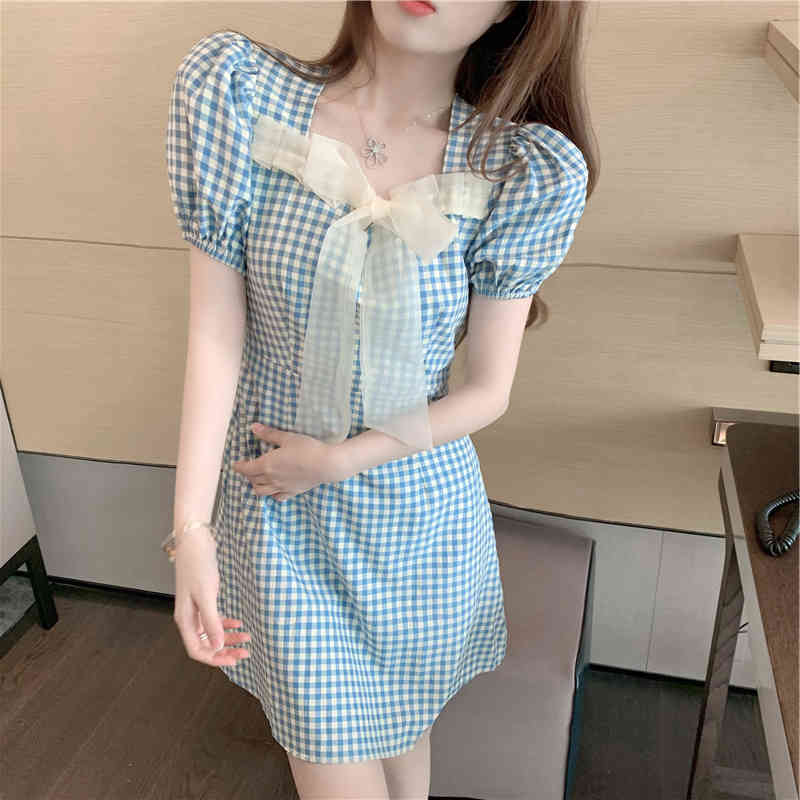 Summer Women Bowknot Plaid High Waist Dress Korean Fashion Elegant Casual Sweet Mini Vestido 210519