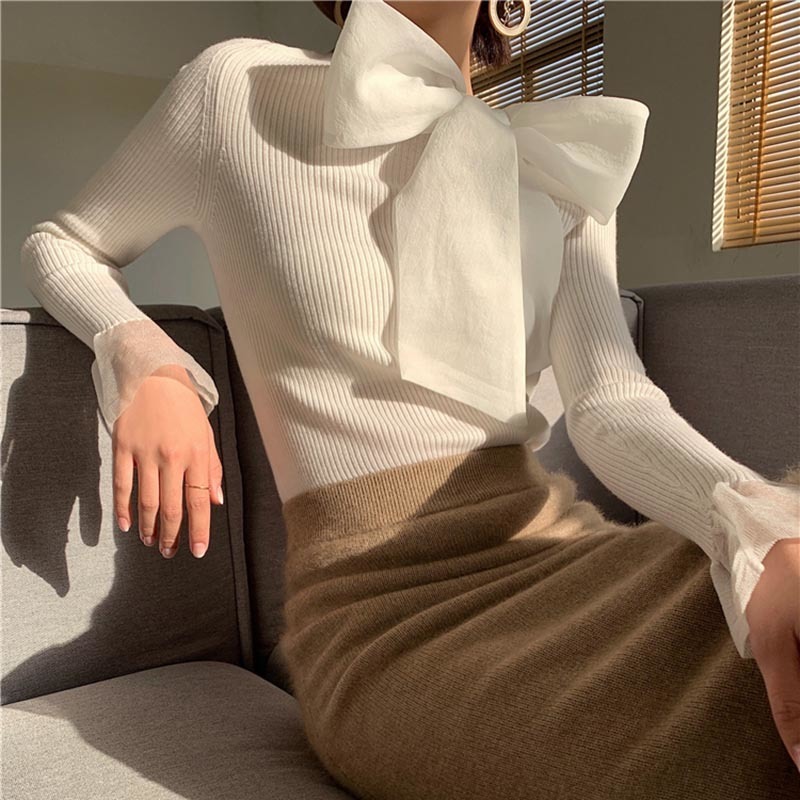 TWOTWINSTYLE Elegant Patchwork Bowknot Sweater For Women O Neck Long Sleeve Slim Knitted Pullovers Female Fashion Clothing 210517