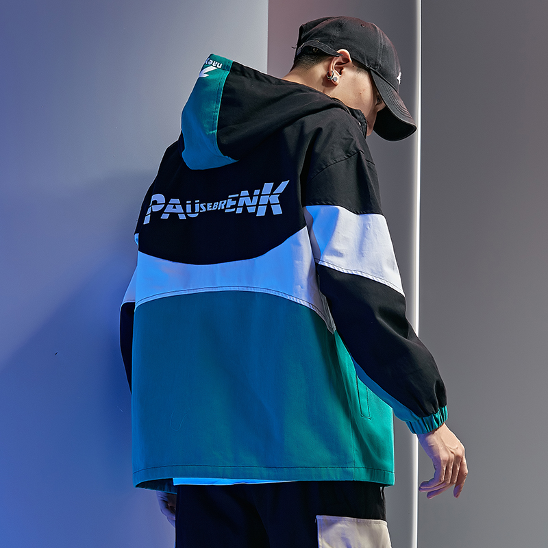 Autumn Oversize Hooded Jacketet Men Printed Multicolor Splicing Ribbon Personally Fashion Windbreaker Coat Men Clothing