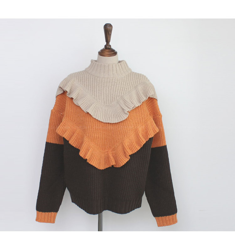 Woman Knit Ruffles Color Matching Long Sleeve Sweaters Loose Sweet Thicken Warm Pullovers Jumpers 210520