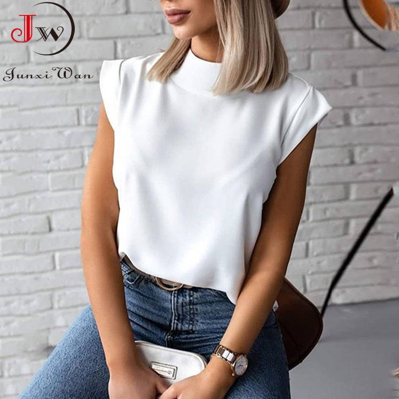 Fashion Women Summer Blouse Shirt Casual Solid White Turtleneck Short Sleeve Elegant Basic Ladies Tops Ropa Mujer Plus Size 210510