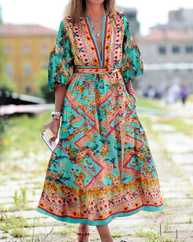 Women Dress Digital Printing Bohemia Sexy Long Print Floral Maxi es Deep V Neck Lace Up Ladies es 210513