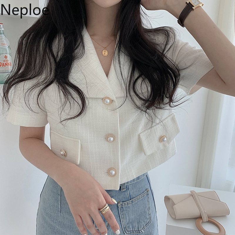 Neploe Blusas Mujer De Moda Verano Korean Elegant Blouses Women Office Lady Shirt Notched Collar Short Blouse Tops 94894 210422