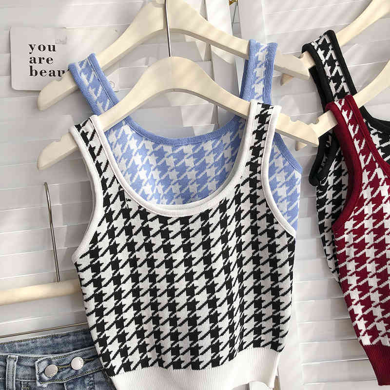 Fashion Plaid color houndstooth o neck sleeveless knit vest women's Korean casual slim short suspender top womens tank tops 210508