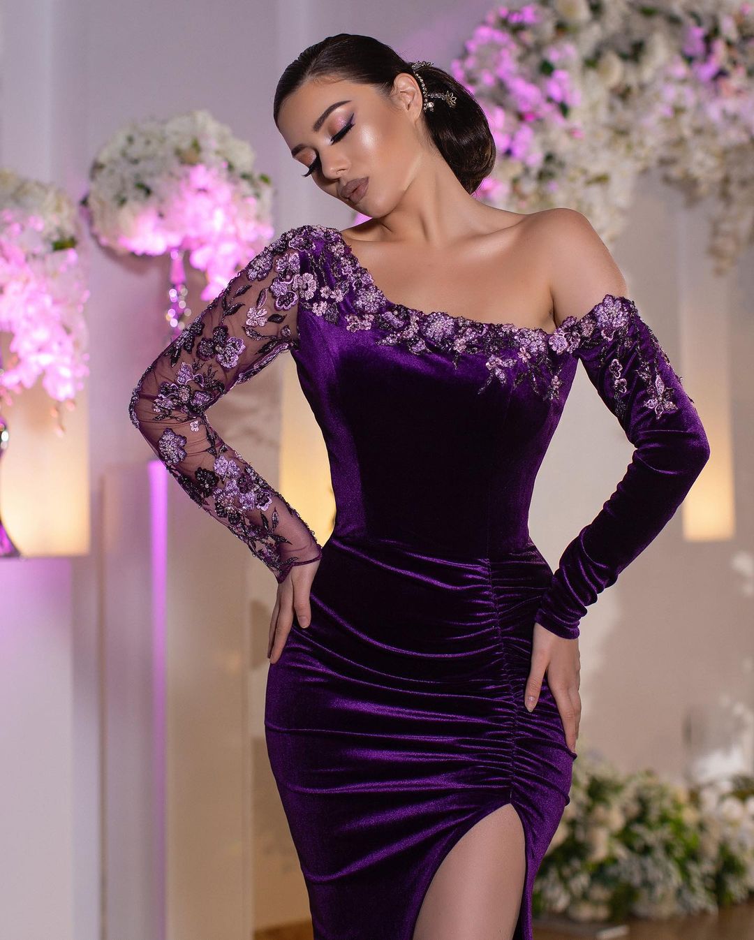 African Purple Luxurious Mermaid Prom Dresses Sheer V Neck Evening Gowns Long Sleeves Appliqued Formal Party Second Reception Dress