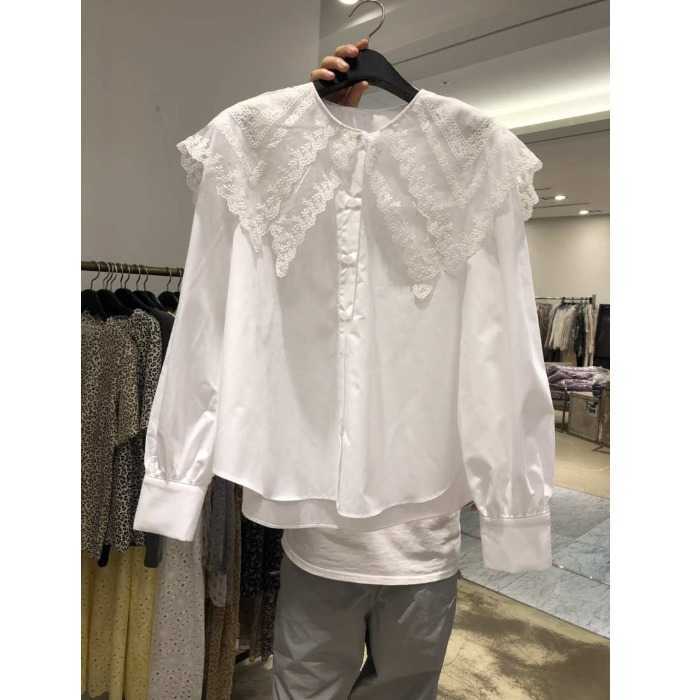 Spring All Match Solid Lace Patchwork Peter Pan Collar Full White Shirt Women's Loose Top 210615