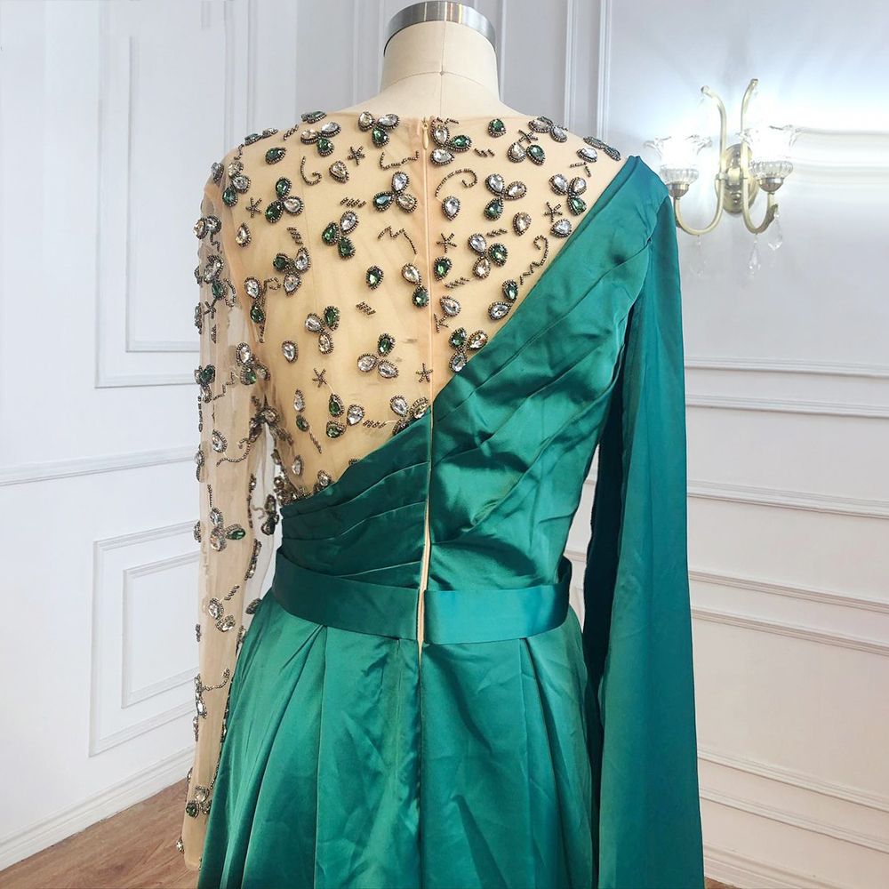 Saudi Arabic Green A Line Formal Evening Dresses Long Sleeve 2021 Luxury Crystals Beaded One Shoulder Satin Women Prom Party Gowns Pageant Dress