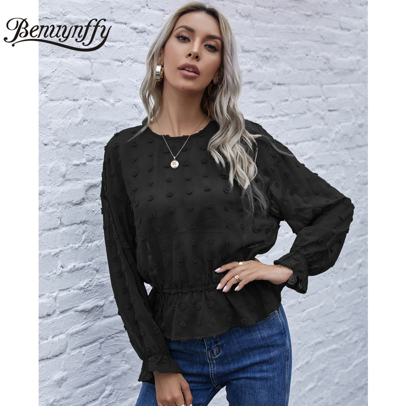 O-Neck Swiss Dot Flounce Sleeve Ruffle Hem Blouse Women Spring Long Fashion See Through Ladies Sheer Top 210510