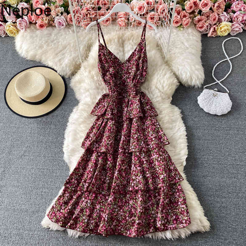 Neploe Summer Vestidos Mujer Floral Chiffon Robe V-neck Backless Sling Dress Korean Slim Elegant Cake Dresses 95498 210422