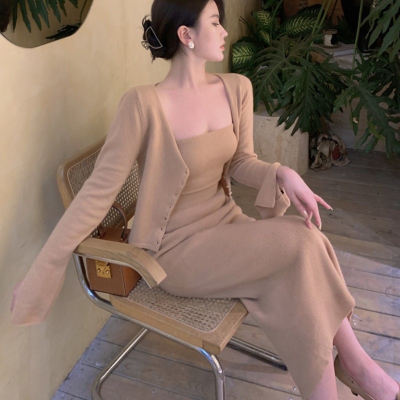 Korean Women 3 Piece Set Elegant knitting Cardigan + Sexy Vest + High waist Pencil Skirt Outfit 210518