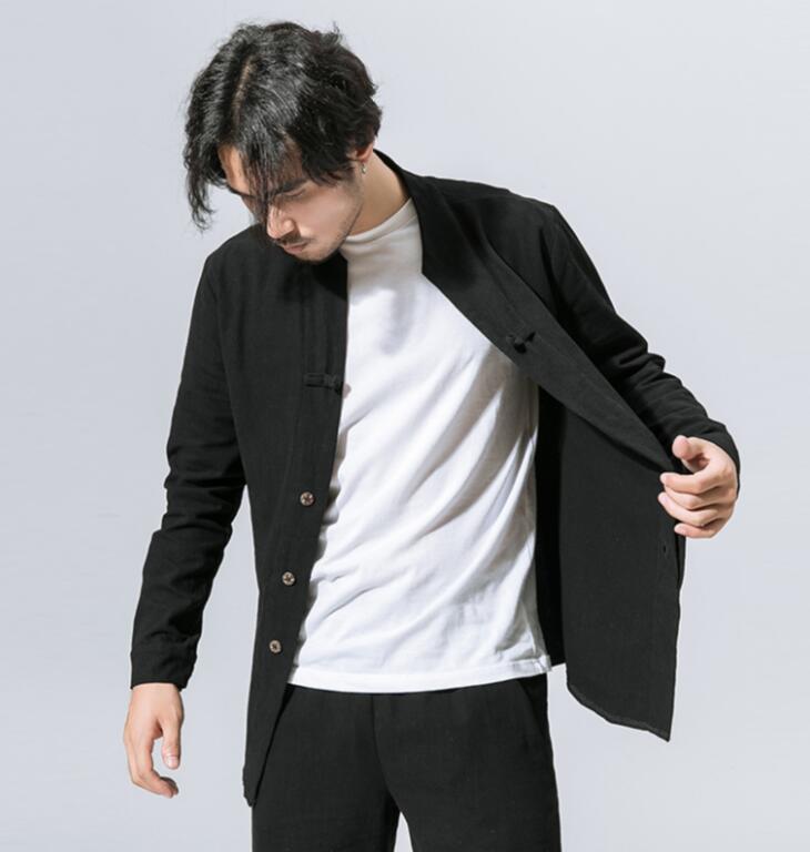 M-5XL 2021 Men Clothing Hair Stylist Fashion Chinese Style Retro Linen Buckle Long Sleeve Shirt Tang Dynasty Plus Size Costumes Men's Casual