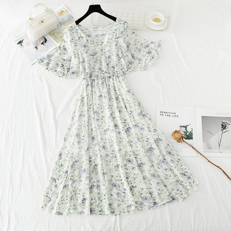 Floral Print Chiffon Dress Summer Fashion Flare Sleeve O-Neck Dew Party Vestidos Elegant Women Midi Dress 210521