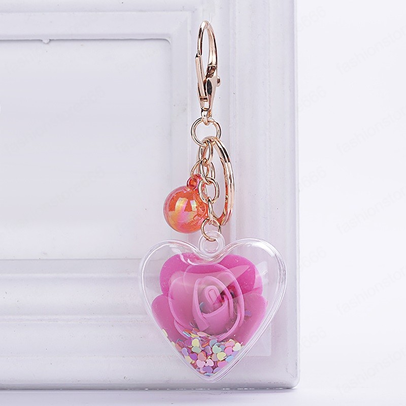 Fashion Heart Sequins Glitter Rose Keychain Pendant Transparent Plastic Eternal Flower Key Chain Women Car Handbag Keyring