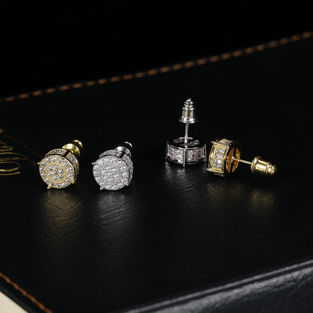 Hip Hop Round Stud Earring Bling 18K Real Gold Plated Prevent Allergy Earrings for Men Women Gift