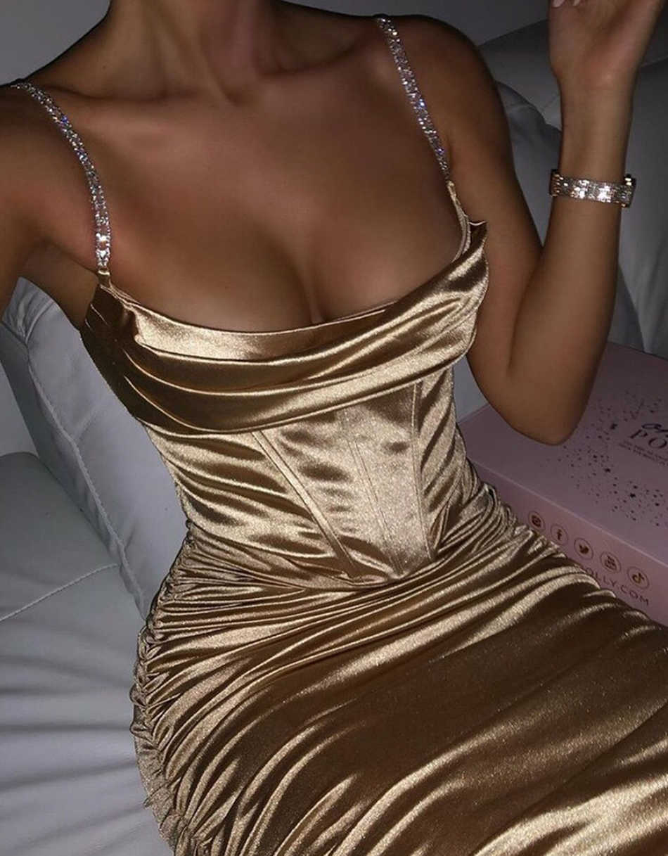 Red Beige Pleated Strap Tights Dress Ladies Midi Diamond Sexy Party Strapless Summer Vestidos 210527