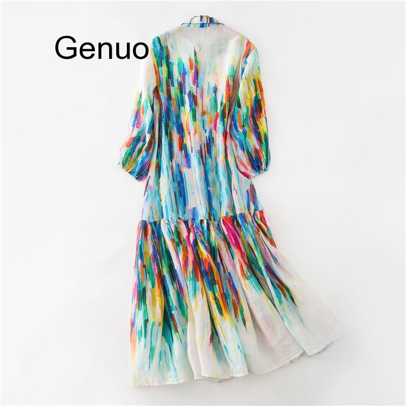 Summer Colorful Women Dress Lapel Lantern Sleeve Button Loose Ankle Length Dresses Female Fashion 2021 Tide Casual