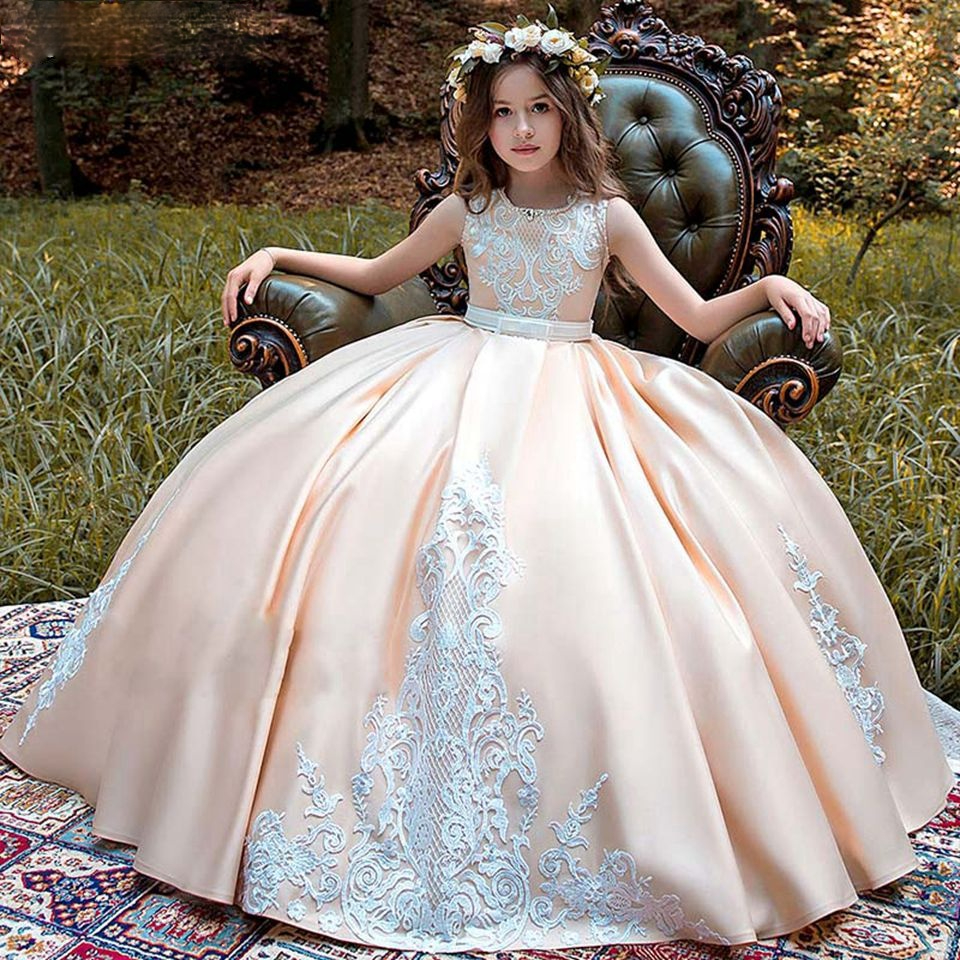 Pink Ball Gown Flower Girl Dresses Appliques Sleeveless Kids Princess Dress for Weddings First Holy Communion Dress Pageant Gown 2021