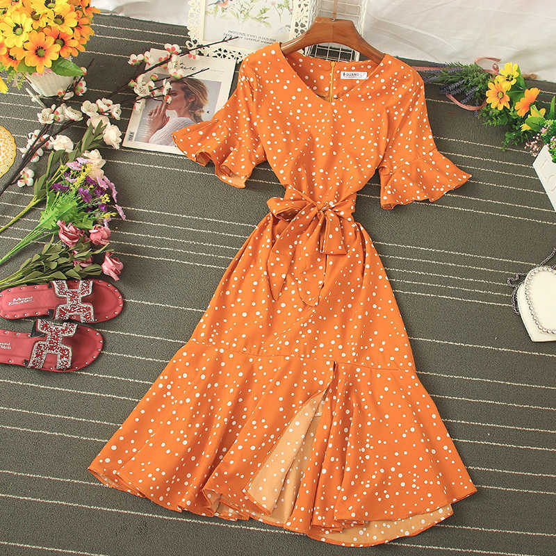 LY VAREY LIN Summer Polka Dot V neck Flare Sleeve Dress Casual Slim High Waist Mid-Calf Women 210526