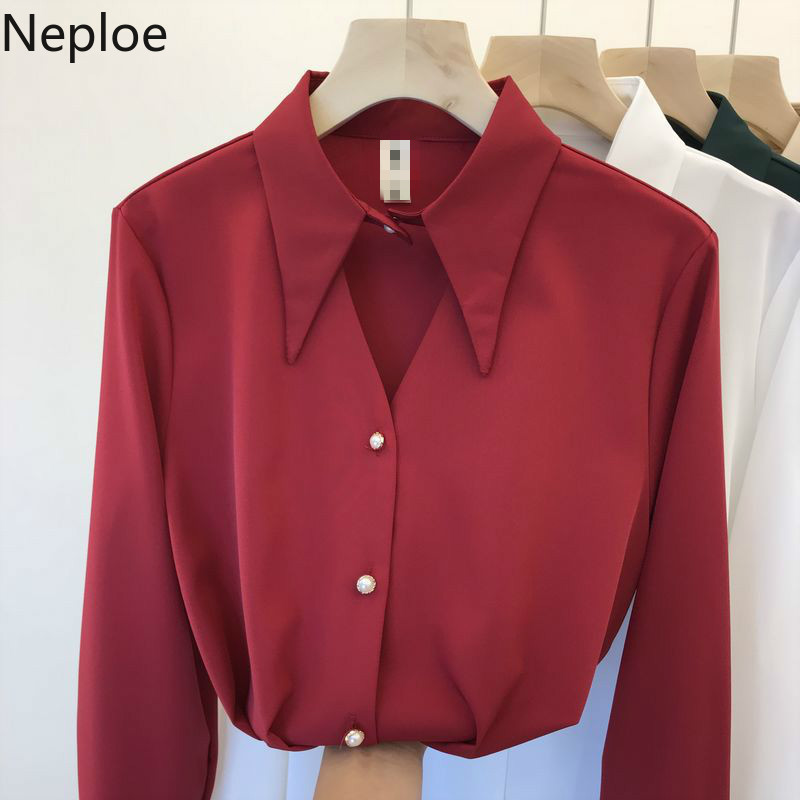 Neploe Chiffon Hollow Out Women Blouses Spring 2021 Turn Down Collar Single Breasted Shirt Solid Beading Long Sleeve Tops 49734 210317