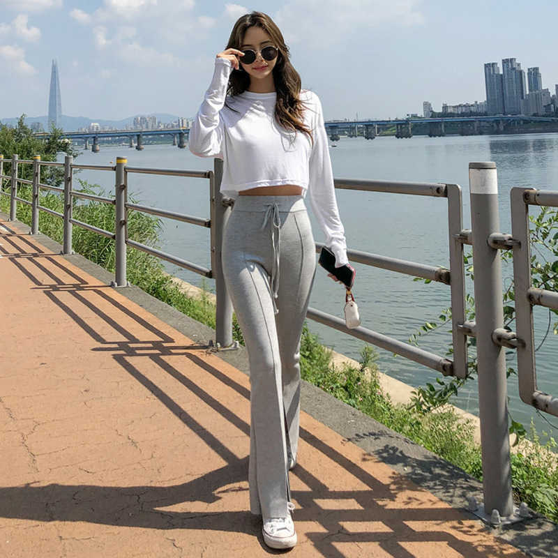 WOMENGAGA Women's Summer Slim Korean Corded Flared Pants Split Wide Leg Knitted Trousers Fashion Women D1LF 210603