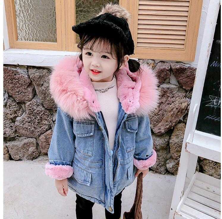 New Arrivals Girls Winter jacket Thicken Coats Children Denim Hooded Coat Kids Fur Collar Cotton Baby Girl Outwear clothing long