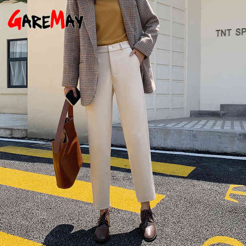 Winter Warm Trousers Suits for Women Work Office Pants High Waist Loose Vintage Female Thick Woolen Harem 210428