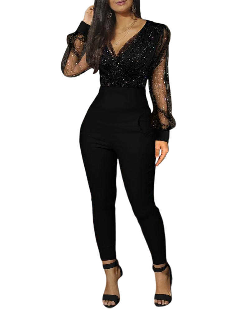 Women Fashion Sheer Mesh Long Sleeve Jumpsuits Outfit V Neck Glitter Ruched Wrap Jumpsuit 210716