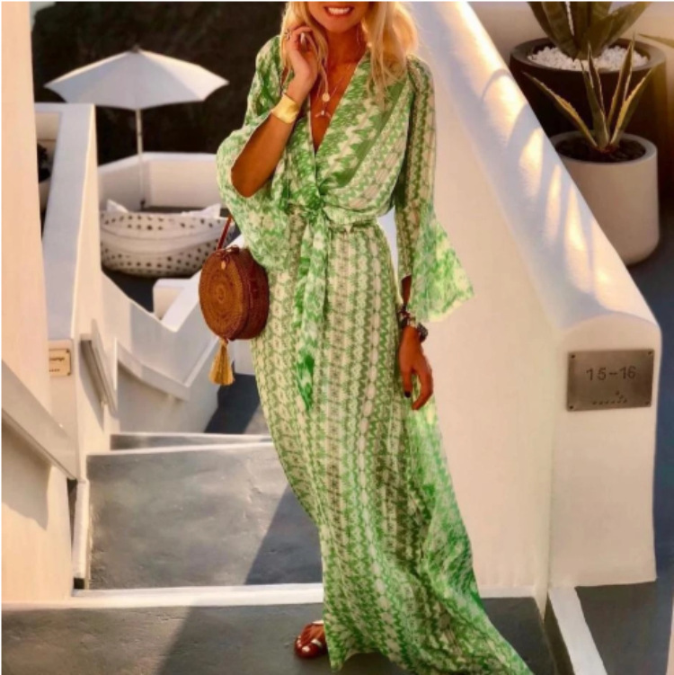 Women Dress Flare Sleeve V-neck Print Bohemian Dresses Long Plus Size Pink Green Summer Fashion 210524